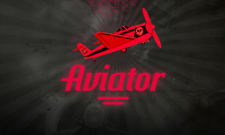 Illustration of a red skull-adorned plane against a dark radial pattern for the Aviator crypto crash game by Spribe