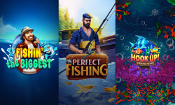 Collage of Hook Up! Fishing Wars by Mascot Games, Perfect Fishing Games  by Evoplay,  Fishin’ The Biggest  by Apparat Games, Big Bass Splash by Pragmatic Play.