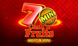 Cash'n Fruits Hold and Win by 1spin4win slot game logo with a large red 7 and a golden mini jackpot coin on a red background.