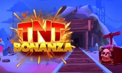 Explosive 'TNT Bonanza' slot game logo with a dynamite blast in a mining scene by Booming Games