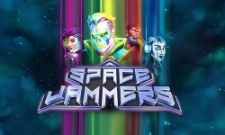 Space Jammers slot game cover with vibrant cosmic background and diverse galactic pirate characters.