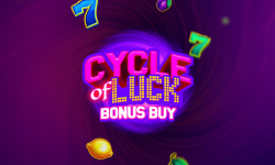 Vivid 'Cycle of Luck Bonus Buy' by Evoplay  slot game logo with illuminated fruit symbols against a purple backdrop.
