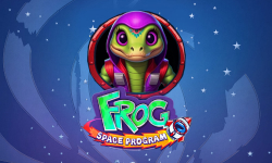 Cartoon frog in a space suit from Gamebeat's Frog Space Program slot game against a starry night background