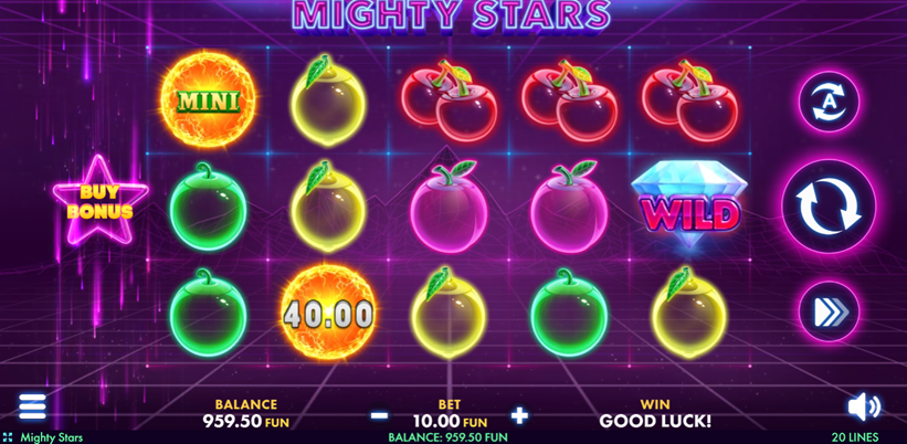 Mighty Stars slot game by Netgame game grid with transparent fruit and mini jackpot symbol.