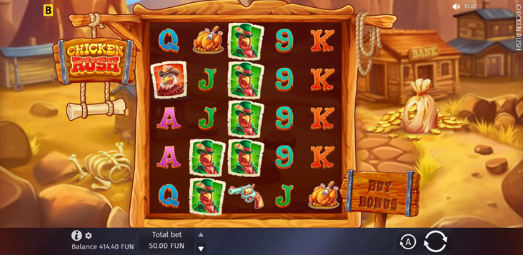 Chicken Rush slot game by Bgaming game grid with chichi symbols and wild west background with bags of gold