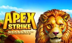 Apex Strike Megaways slot game by Iron Dog Studio featuring a fierce lion with tribal designs in a vibrant desert backdrop.