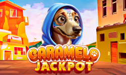 Caramelo Jackpot slot game  by only play review with a cheerful dog in a blue hoodie and bright city background.