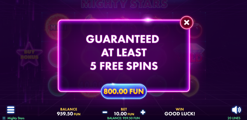 Mighty Stars slot game by Netgame with guaranteed at least 5 free spins.