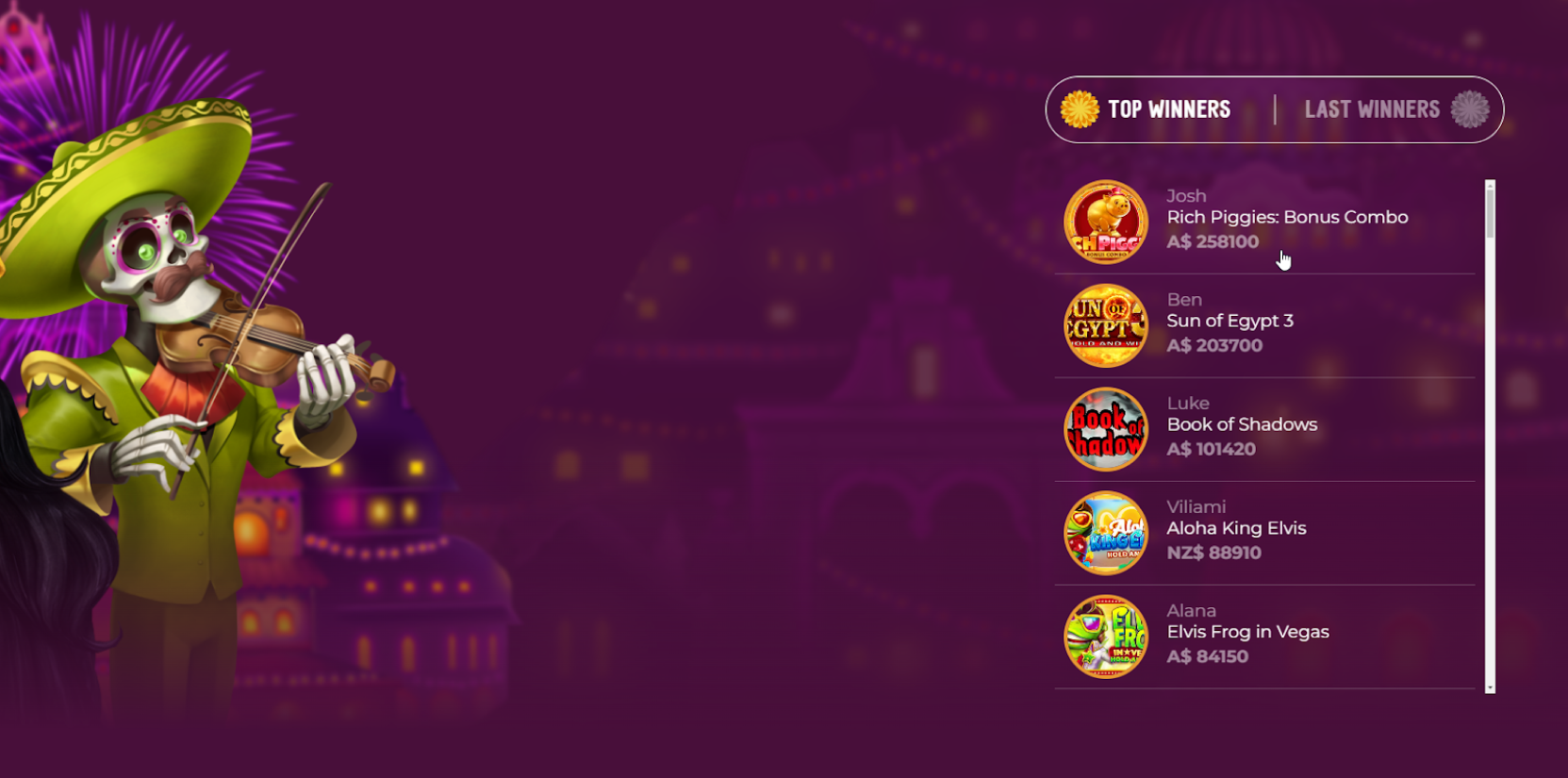 Screenshot of SlotVibe casino website showing their big winners