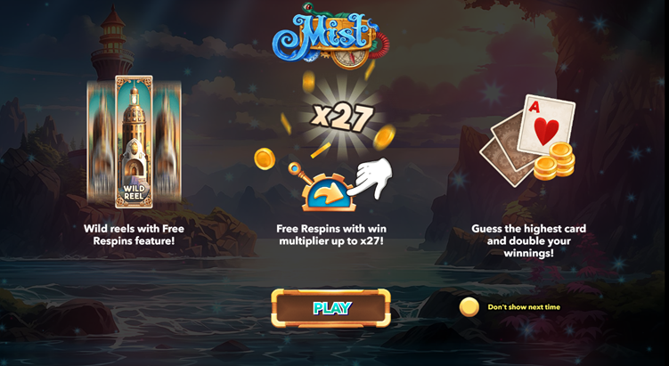 Mist slot game by Mascot Games entrance screen showing features and mist logo