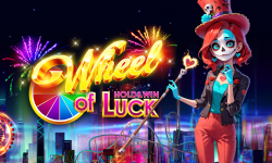 Colorful Wheel of Luck Hold and Win slot game with animated skeleton character in vibrant city background by Tom Horn.