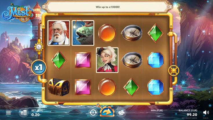 Mist slot game by Mascot Games game grid with gems, compass, and character symbols.