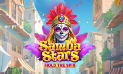 Samba Stars: Hold The Spin slot review by Gamzix featuring colorful carnival theme with masked dancer and vibrant street background.