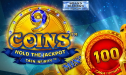 9 Coins Grand Diamond Edition slot game logo by Wazdan with golden coins and radiant blue background
