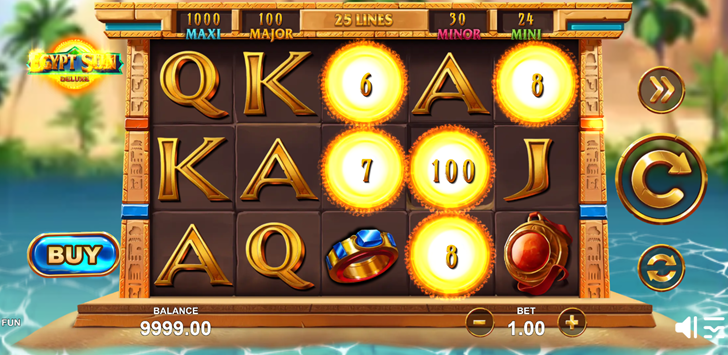 Egypt Sun Deluxe slot game by Zillion game grid with bonus symbols on a riverine background.