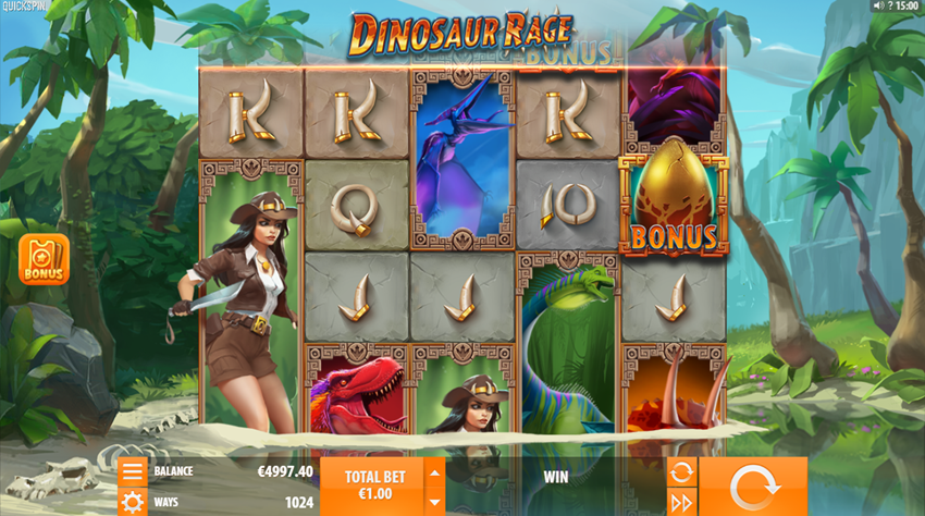 Dinosaur Rage by Quickspin game grid with anna, dinosaurs, and dinosaur eggs