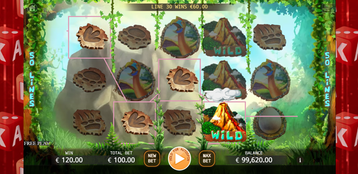 The King of Dinosaurs by KA Gaming game grid with wild, dinosaur, footprint and egg symbols