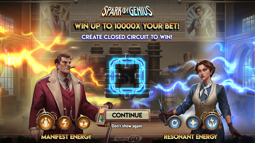 Spark Of Genius slot game by Play n Go entrance screen with electric sparks and characters.