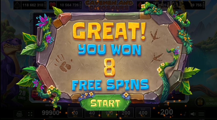 Cavemen and Dinosaurs by Amusenet with great you won 8 free spins start menu