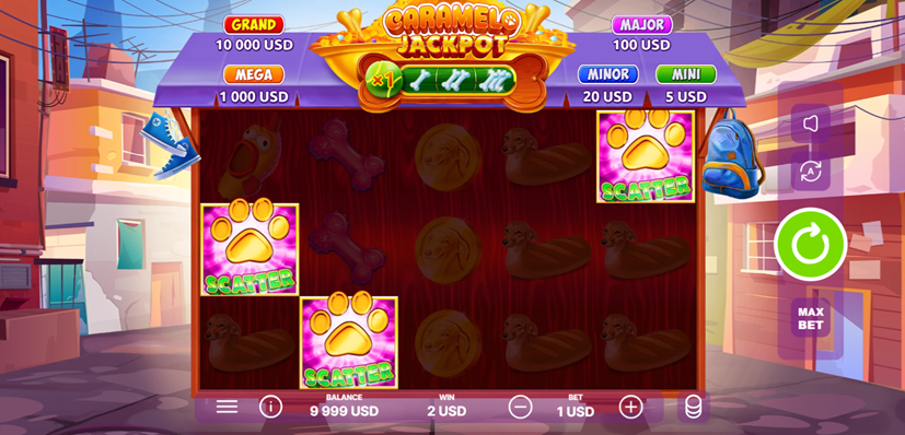 Caramelo Jackpot slot game by Only Play game grid with scatter win.