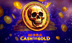 Golden skull coin and gold coins floating in the Mega Cash The Gold slot game review from 1spin4win.