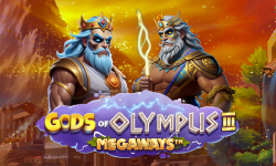 Gods of olympus III megaways  game grid  showing two Zeus images with blue and golden eyes.