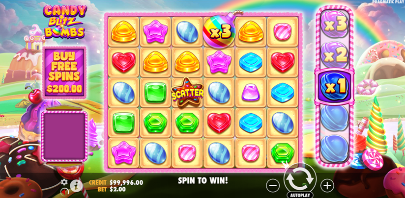 Candy Blitz Bombs slot game by Pragmatic Play game grid with candy, bombs, and scatter symbols on candy land background.