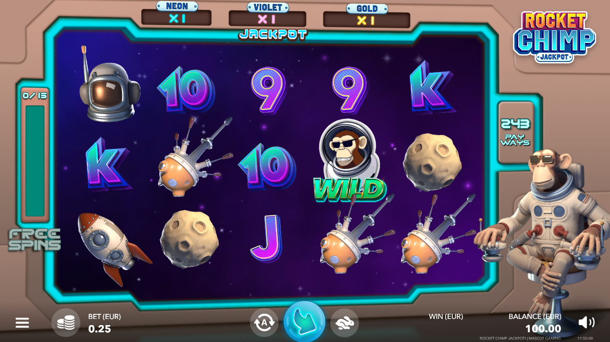 Rocket Chimp Jackpot game grid showing the captain chimp in the spaceship with the wild, helmet and rocket symbols