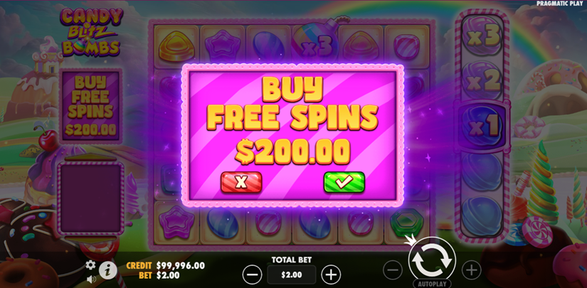 Candy Blitz Bombs slot game by Pragmatic Play buy free spins for 200 on game grid background.