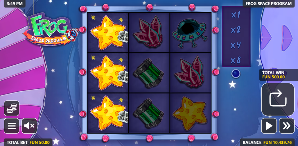 The Space Frog Program game grid showing the frog, star, rocket, and spaceship symbols on the space background