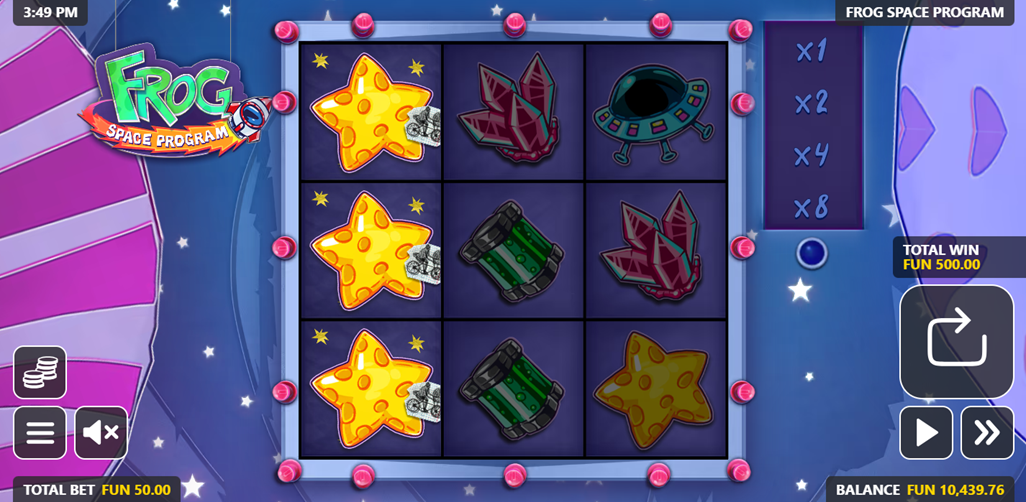 Animated jumping frog game grid in Frog Space Program slot game by Gamebeat