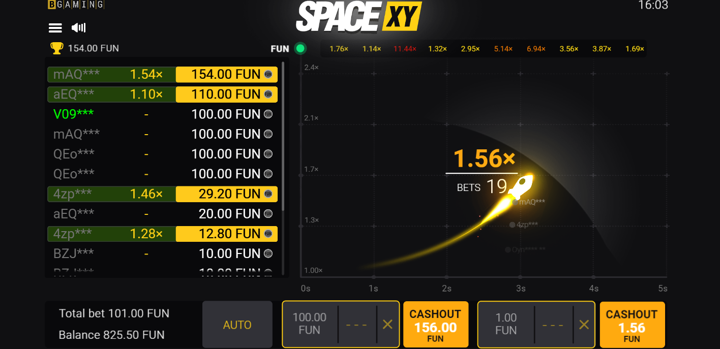 The Space XY game grid showing the flying spaceship with multipliers,  multibet icons, and multiplayer record