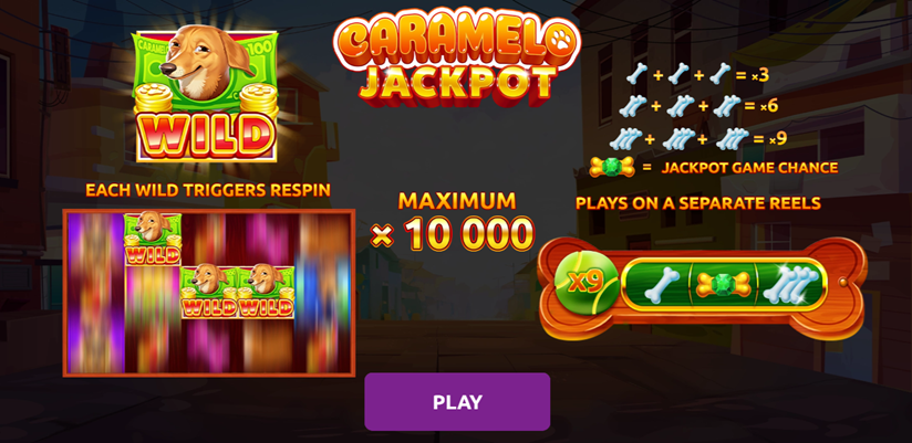 Caramelo Jackpot slot game by only play entrance screen with game logo and features