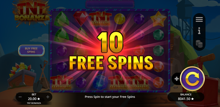 TNT Bonanza slot game by Booming Games 10 free spins awarded on mine background