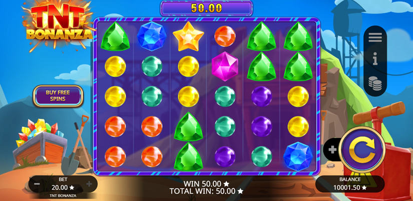 TNT Bonanza slot game by Booming Games game grid with gem symbols with mine scene in background