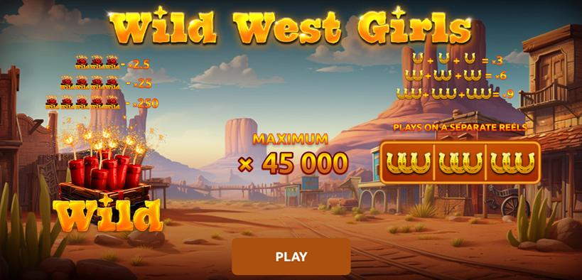 Wild West Girls slot game by Only Play entrance screen with dynamite wilds and horseshoes on separate reel.