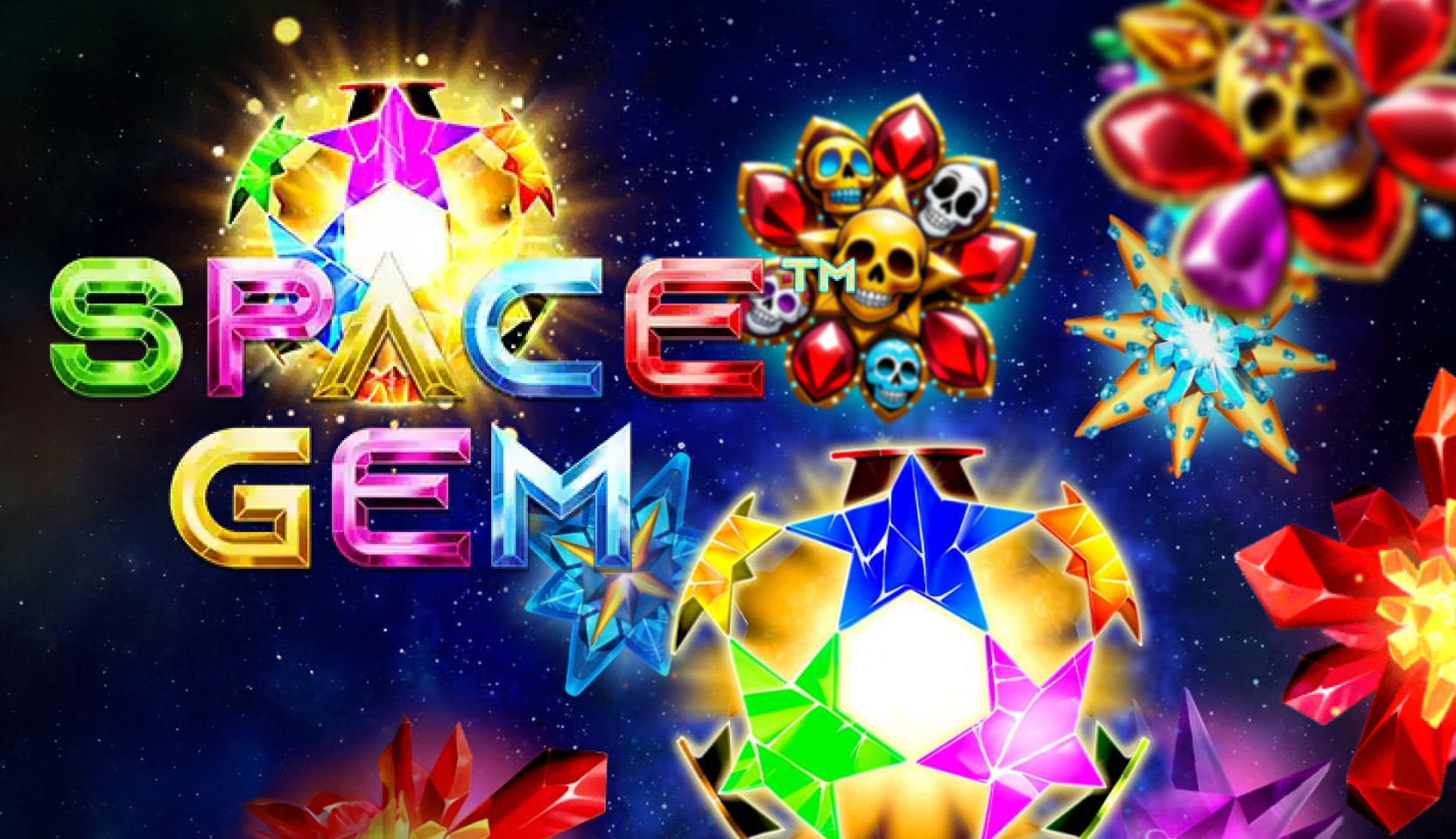 Colorful 'Space Gem' slot game logo with sparkling crystals and skull icons in a starry space