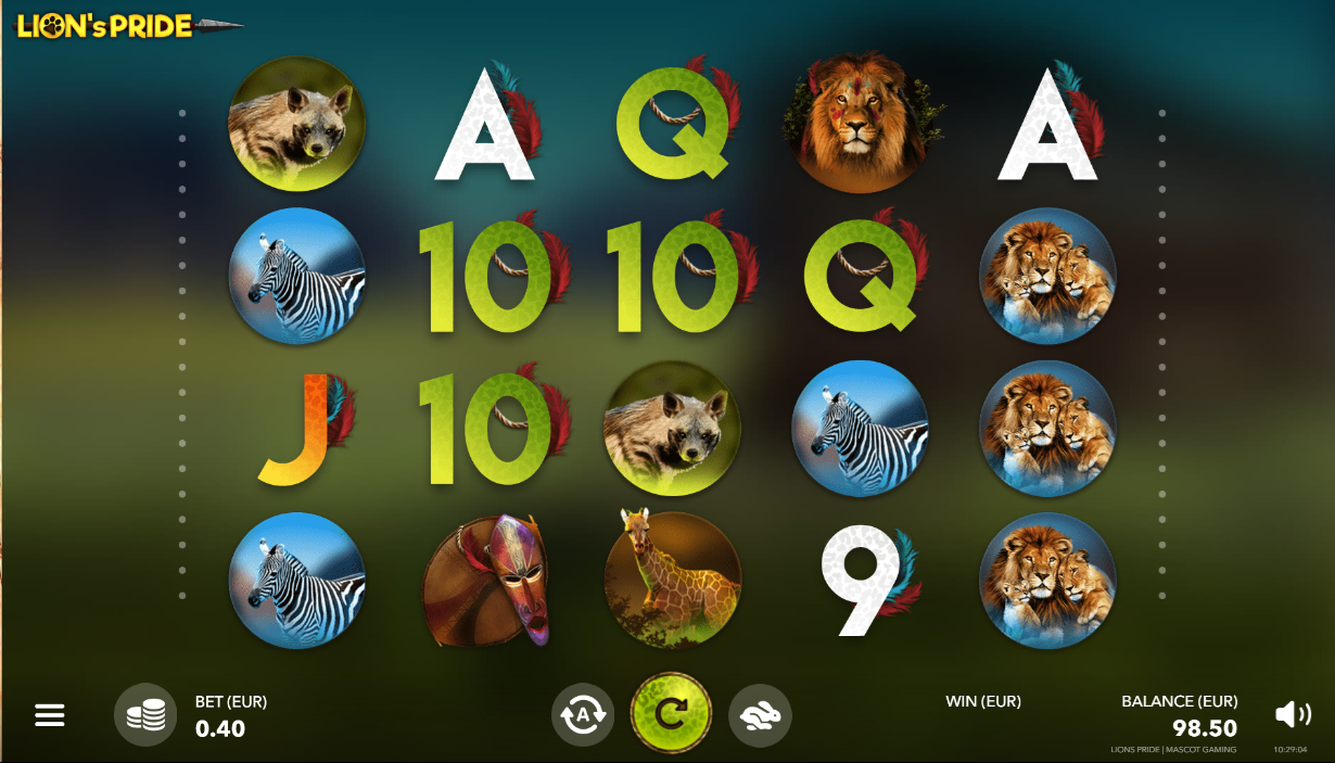 Lion’s Pride slot game by Mascot Games game grid showing wild animal character symbols