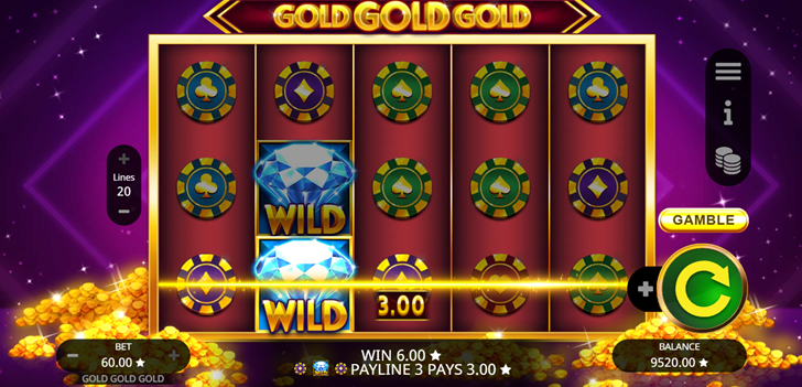 Gold Gold Gold slot game by Booming Games wild symbol win on game grid with piles of gold in background.