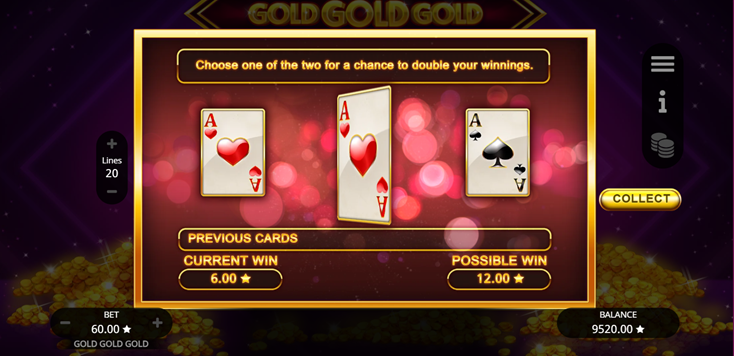 Gold Gold Gold slot game by Booming Games gamble round with red and black A cards with gold piles in background.