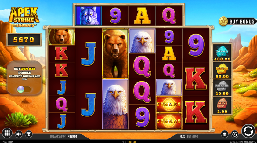 Apex Strike Megaways slot game showing game grid with animal symbols