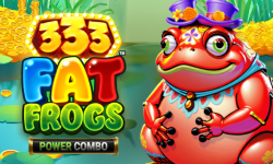 333 Fat Frogs slot game with a cheerful red frog in a hat, vibrant colors, and gold coin stacks, promoting Power Combo feature in slot game by Quickfire