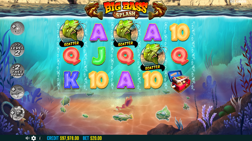 Big Bass Splash by Pragmatic Play game grid with scatter symbols on an underwater background.