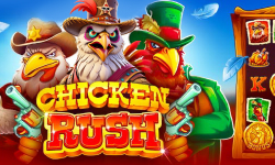 Playful Chicken Rush slot by Bgaming with cowboy chickens, vibrant graphics, and detailed symbols on the reels.