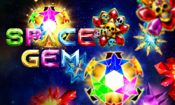 Colorful 'Space Gem' slot game logo with sparkling crystals and skull icons in a starry space