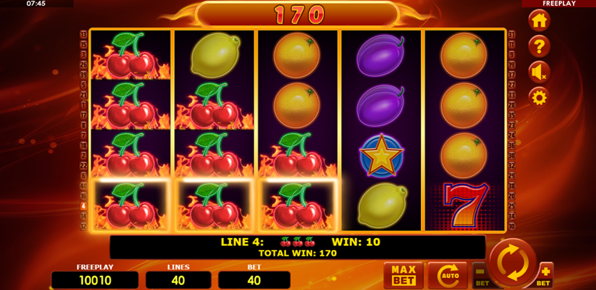 hot fruits 40 game grid showing flaming cherries, scatter, 7s wild, and fruit symbols