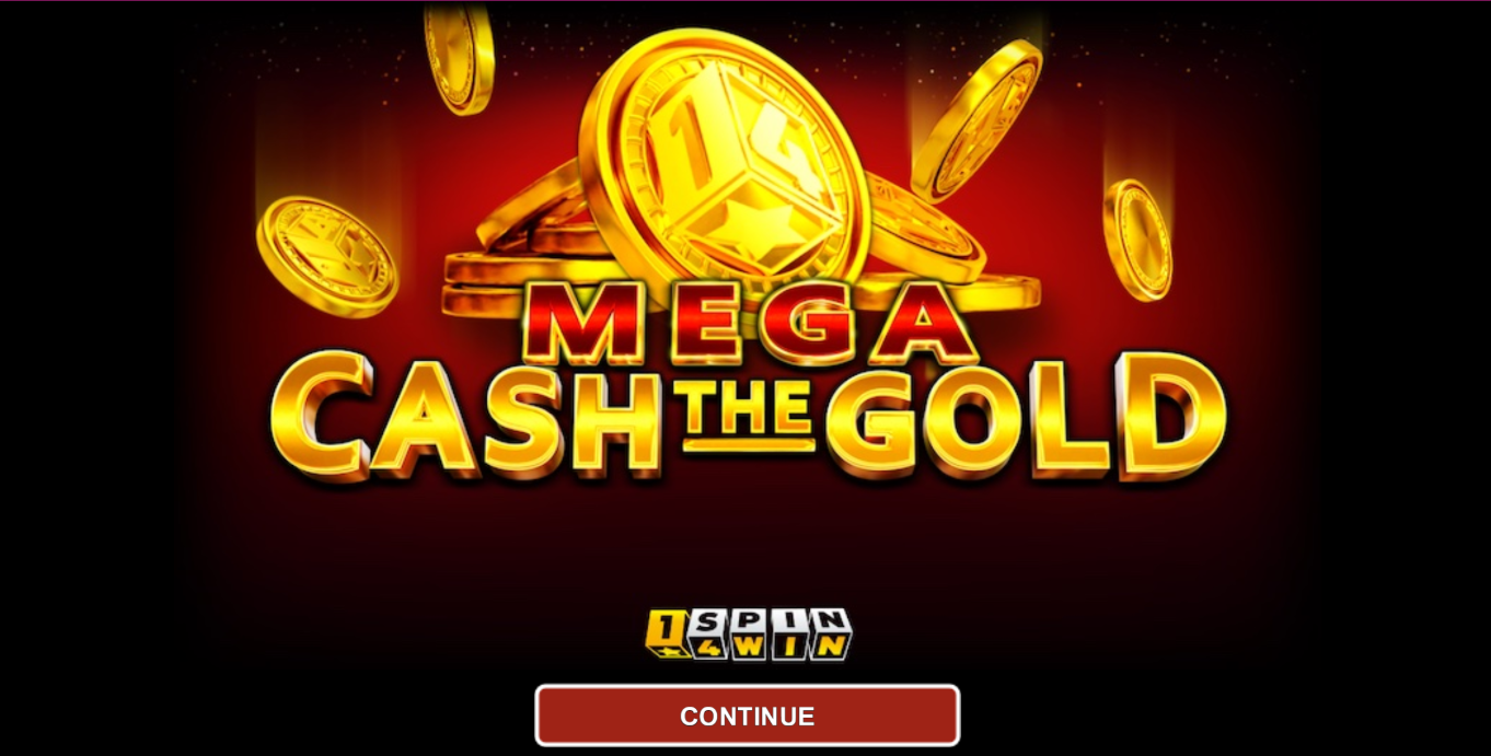 Mega Cash The Gold slot game by 1spin4win entrance screen with piles of gold coins and falling coins.