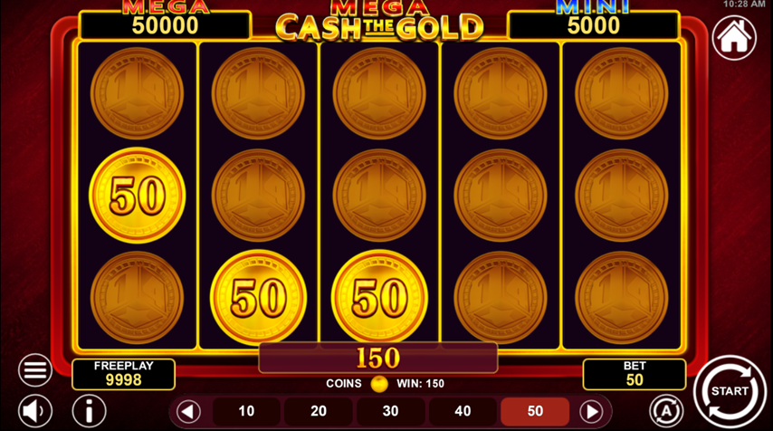 Mega Cash The Gold slot game by 1spin4win game grid with three 50 gold coins win.