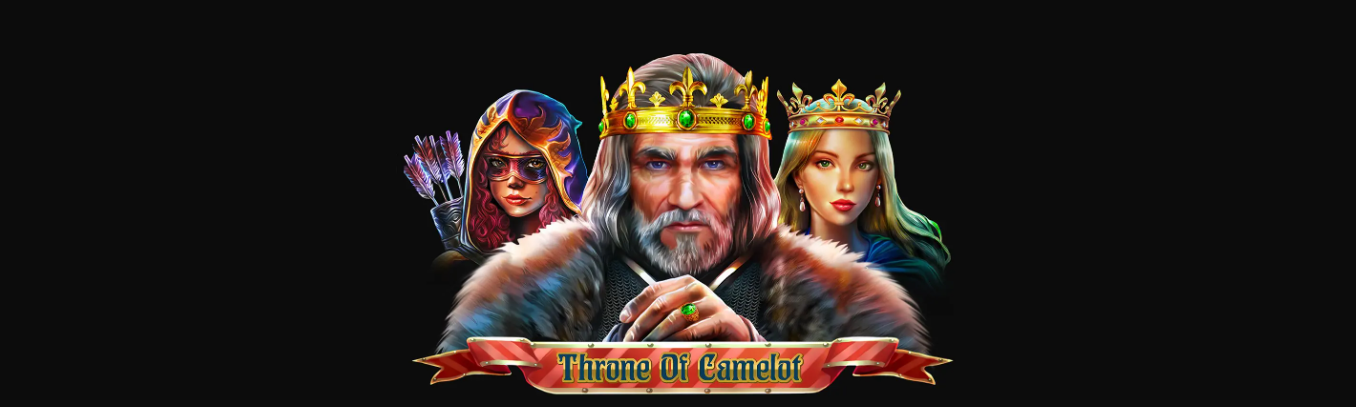 Throne of Camelot slot game by Gamebeat entrance screen with characters from the game.