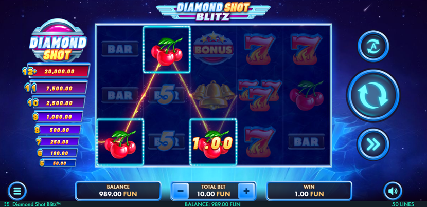 The Diamond Shot Blitz game grid shows a cherry win with bonus, bell, 7s, and bars.